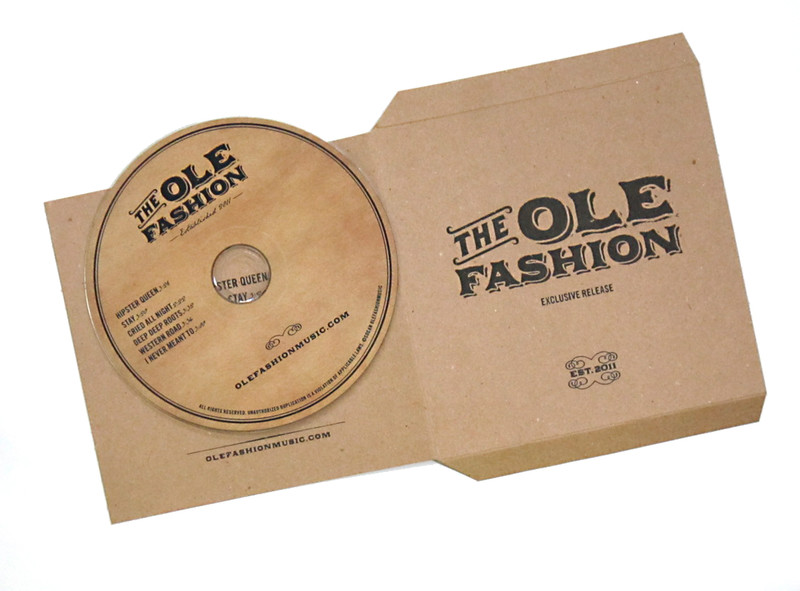 Custom-printed chipboard sleeves with sample CD, opens on side